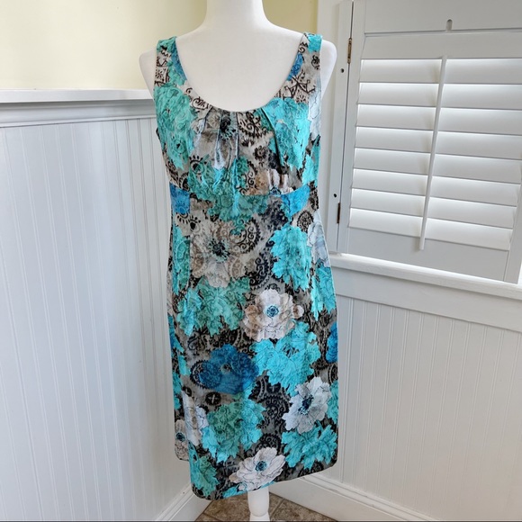 Doncaster Collection Turquoise Blue & Silver Floral Sleeveless Sheath Dress Sz 8 - Picture 1 of 7